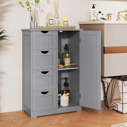 Tangkula Bathroom Floor Cabinet, Freestanding Storage Cabinet with 4 Drawers & Single Door, Adjustable Shelf, Multipurpose Bathroom Storage for Home Office, 21.5 x 12 x 32.5 Inches (Grey)