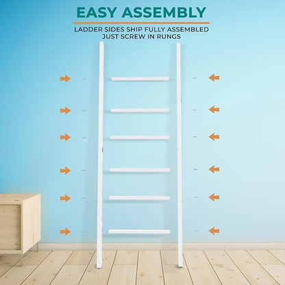 6 Tier Wooden Blanket Ladder - Rustic Style Quilt Ladder for Blankets - Blanket Rack for Wall - Blanket Holder - Farmhouse Decor Accent Furniture for Living Room (White, 6 Tier)