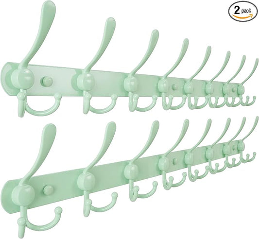 Dseap Coat Rack Wall Mount - 29.5” Long 8-Tri-Hooks Heavy Duty Coat Hanger Rail Wall Hooks for Hanging Coats Hats Clothing Clothes Purse Mudroom Entryway, Green, Pack of 2