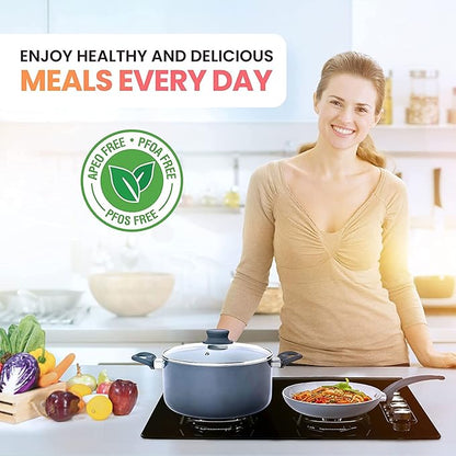Mueller 16-Piece Nonstick Stone Cookware Set - PFOS/PFOA-Free, Stainless Steamer and Fry Pan, Vented Lids - Light Grey