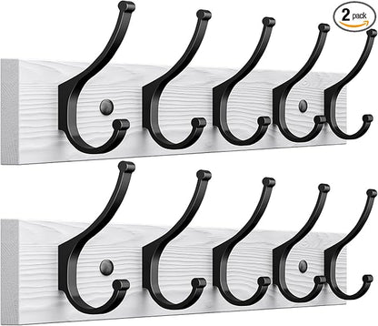 Optish 2 Pack Wooden Coat Rack Wall Mount, 16.1" Rustic Coat Hanger Hooks with 10 Double Hooks, Wall Coat Rack for Hat, Clothes, Bags, Jacket, Brown, White