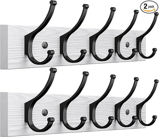 Optish 2 Pack Wooden Coat Rack Wall Mount, 16.1" Rustic Coat Hanger Hooks with 10 Double Hooks, Wall Coat Rack for Hat, Clothes, Bags, Jacket, Brown, White