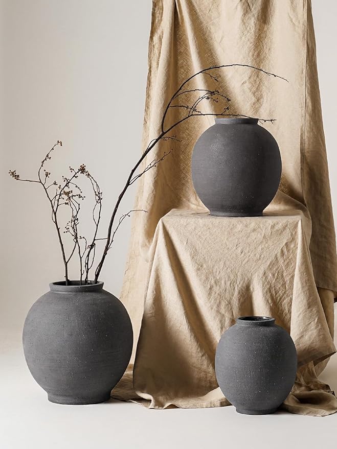 Ceramic Rustic Vase, 10.8 Inch Farmhouse Minimalist Tall Flower Vase for Table, Living Room, Home Decor, Bathroom, Holiday, Wedding, Set of 1,Sandstone Dark Grey