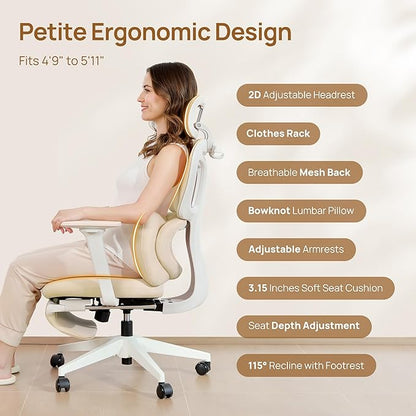 CabLady S1 Petite Ergonomic Office Chair Design with Detachable Pillow Lumbar Cushion, Coat Hanger, 2D Headrest & PU Armrests, Cloud Seat & Footrest Cute Desk Chair for Women Girls