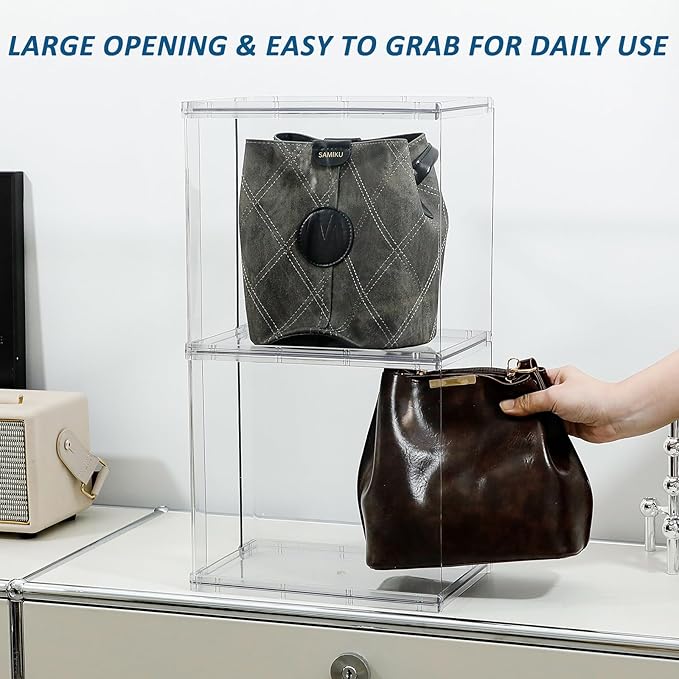 4 Pack Purses Organizer for Closet, Plastic Stackable Storage Rack for Bathroom, Bedroom and Kitchen, Clear Display Stand for Handbags, High Heels, Clothes, Collectibles (Tall)