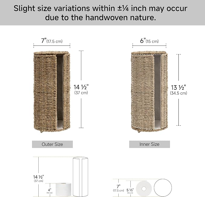 StorageWorks Seagrass Free Standing Toilet Paper Holder Stand for Bathroom, 3 Rolls of Toilet Tissue Storage with a Built-in Cloth Lining, Toilet Roll Holder Stand with Lid