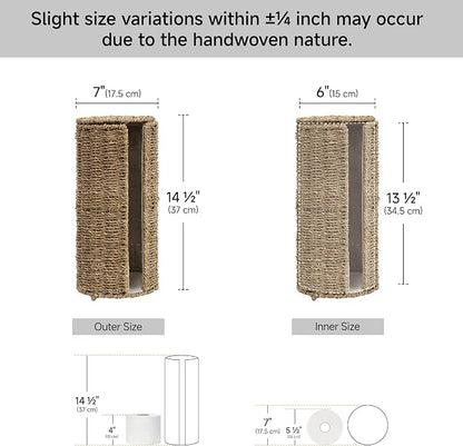 StorageWorks Seagrass Free Standing Toilet Paper Holder Stand for Bathroom, 3 Rolls of Toilet Tissue Storage with a Built-in Cloth Lining, Toilet Roll Holder Stand with Lid