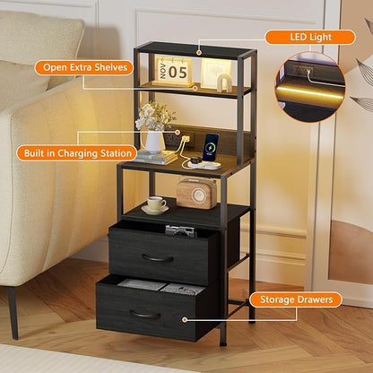 Furnulem Night Stand, Tall Nightstand with 4-Tier Shelves, 2 Fabric Drawers and Led Lights, Bed Side Tables with Charging Station, Bedside Table for Bedroom, Office, Black Oak | 4-Tier Shelves