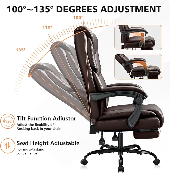 400lbs Office Chair with Foot Rest, Reclining Big and Tall Office Chair with Lumbar Support, High Back PU Leather Computer Chair,Comfy Desk Chair for Home Office (Casual) (Brown)