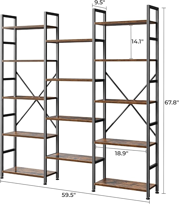 SUPERJARE Triple Bookshelf, Bookcase with 11 Open Display Shelves, Wide Book Shelf Book Case for Home & Office, 5 Tier, Rustic Brown