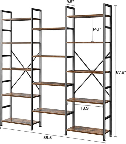 SUPERJARE Triple Bookshelf, Bookcase with 11 Open Display Shelves, Wide Book Shelf Book Case for Home & Office, 5 Tier, Rustic Brown