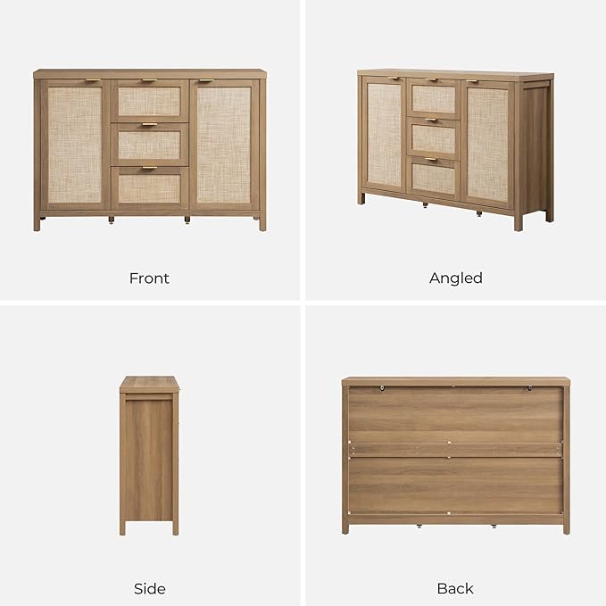 SICOTAS Rattan Large Sideboard Buffet Cabinet with Storage - Farmhouse Boho Coffee Bar Storage Cabinet with 3 Drawers and 2 Doors, Tall Credenza for Living Room, Kitchen, Caramel Oak (2 Pieces)