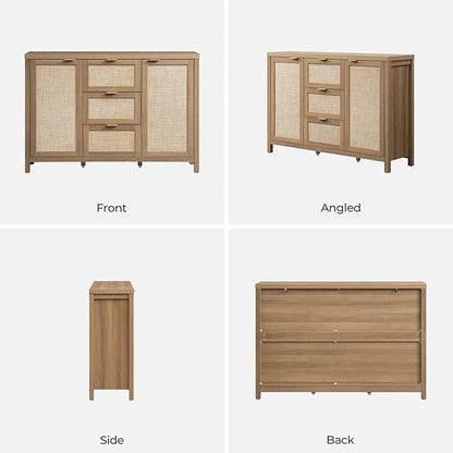 SICOTAS Rattan Large Sideboard Buffet Cabinet with Storage - Farmhouse Boho Coffee Bar Storage Cabinet with 3 Drawers and 2 Doors, Tall Credenza for Living Room, Kitchen, Caramel Oak (2 Pieces)