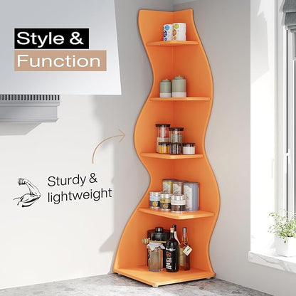 Tribesigns Corner Shelf, Modern 5-Tier Wall Corner Bookshelf, Stylish Corner Small Bookcase Storage Rack Plant Stand with Unique Shape for Living Room, Home Office (Orange, 2PCS)