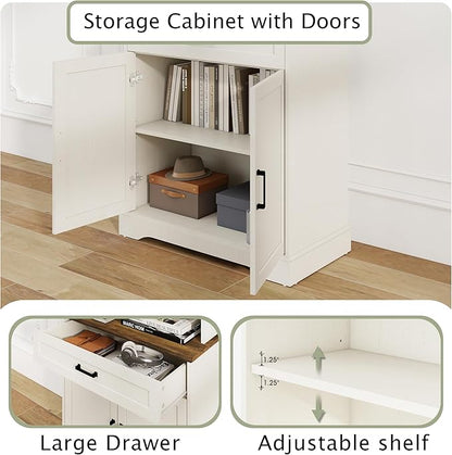 White Bookshelf with Drawers , 5-shelf Tall Bookcase with Doors, 15" Multi Depth Storage Cabinet with Adjustable Shelves, Large Bookcases for Home Office, Living Room & Bedroom, Large Storage Cabinet