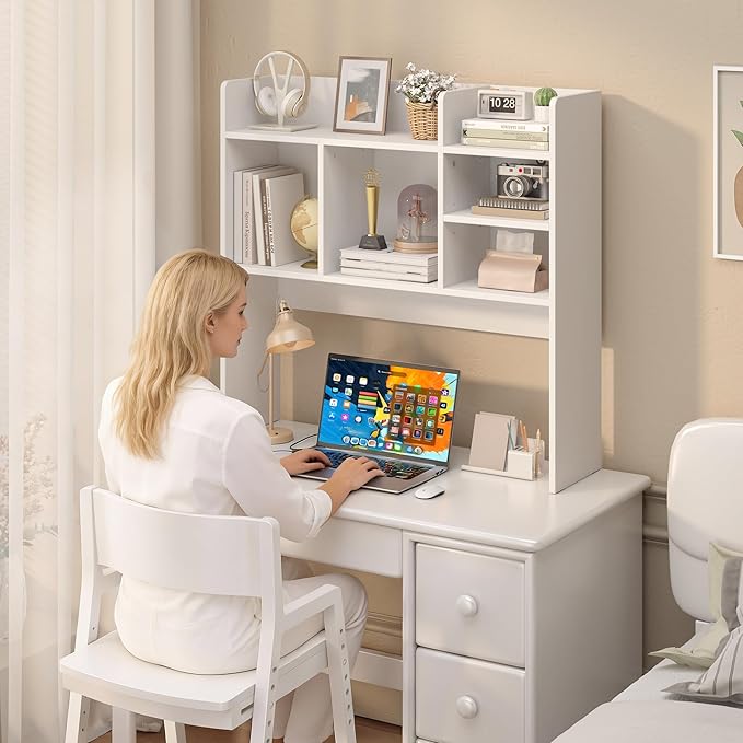 Desk Hutch with 6 Shelves, Desktop Bookshelf Organizer & Hutch Top for Desk, Over Desk Storage Shelf for Office, Home, Dorm | Space-Saving Design (White)