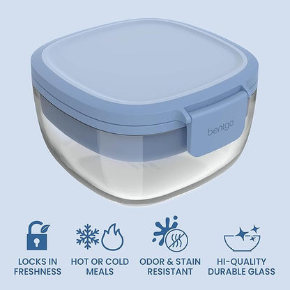Bentgo Glass Salad Container - 7.6-Cup Salad Bowl with Airtight Lid, Leak-Proof Sauce Container, 4-Compartment Bento Tray & Reusable Fork - BPA-Free for Meal Prep, Office & More (Light Blue)