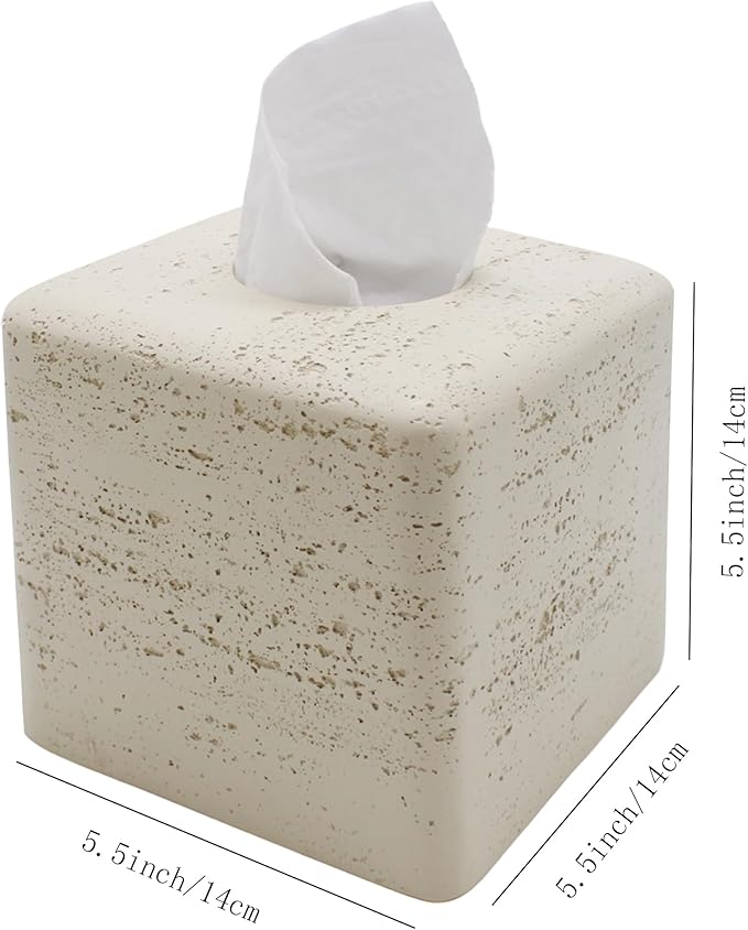 Travertine Tissue Box Cover Square Decorative Stone Klenex Box Holder for Bathroom & Living Room with Handcrafted Texture (Light Beige)