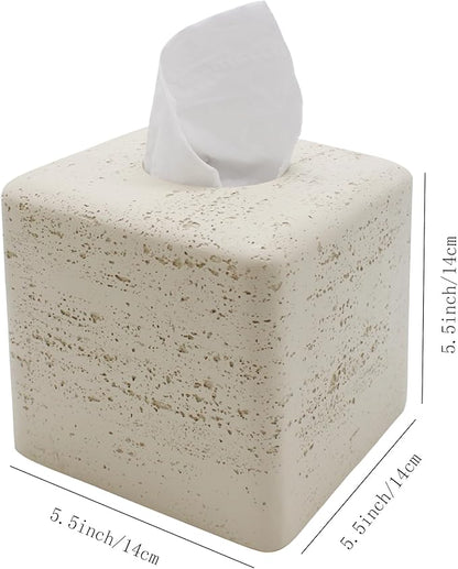 Travertine Tissue Box Cover Square Decorative Stone Klenex Box Holder for Bathroom & Living Room with Handcrafted Texture (Light Beige)