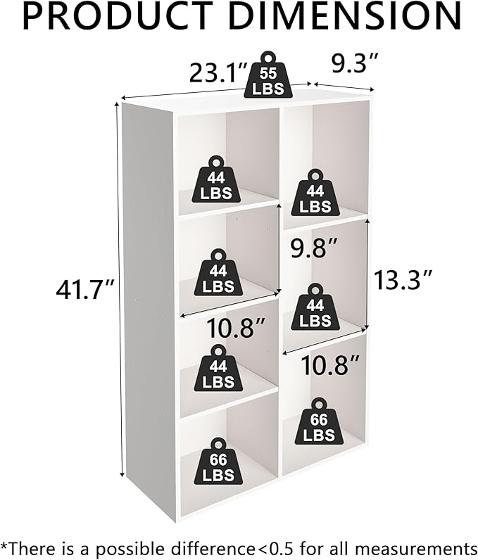 Cube Bookshelf, White Wooden Cube Storage Organizer, Freestanding Book Shelf, Cubby Shelf, Perfect Shelves for Bedroom, Kids Room, Closet, Classroom & Office (7-Cube)