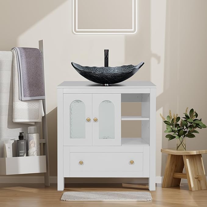 30" Bathroom Vanity with Sink, Freestanding Bathroom Storage Cabinet with Sink Combo, Modern Vanity Cabinet with 2 Water Ripple Doors and 1 Drawer, Soft-Close Design, Silver Leaf Glass Sink Top, White