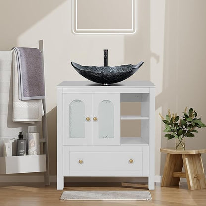 30" Bathroom Vanity with Sink, Freestanding Bathroom Storage Cabinet with Sink Combo, Modern Vanity Cabinet with 2 Water Ripple Doors and 1 Drawer, Soft-Close Design, Silver Leaf Glass Sink Top, White