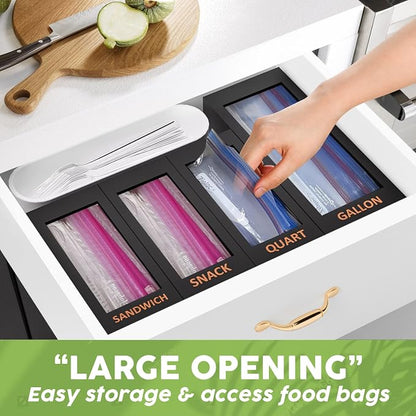 DALSHABET Bamboo Storage Bag Organizer for Kitchen Drawer, 4 Separate Food Storage Bag Organizer, 12x14 Baggie Organizer Dispenser for All Brands Gallon, Snack, Sandwich & Quart Slider Bags Black