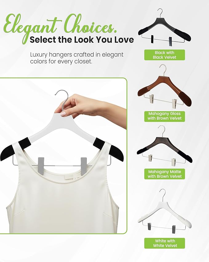 Wooden Hangers with Clips for Women, Solid Wood Skirt & Suit Hangers, Heavy-Duty Adjustable Non-Slip Design with Velvet Grip, White with Black Velvet, 12 pcs