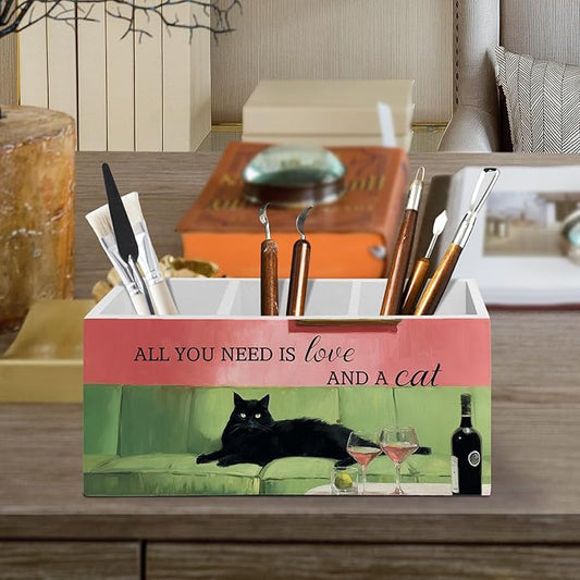 Funny Black Cat Cocktail Pen Pencil Holder Organizer for Desk Accessories, Trendy Whimsical Kitten Martini Wooden Box Sign Desk Decor for Office Decoration, Black Cat Gifts