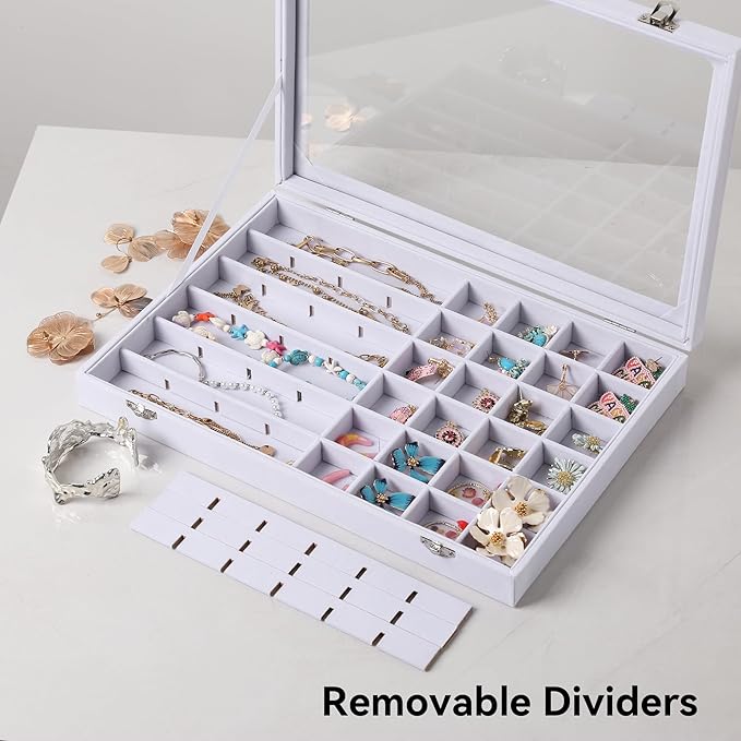 Frebeauty 48 Grid Jewelry Tray,Adjustable Earring Holder Organizer with Glass Lid,Velvet Drawer Jewelry Organizer for Rings,Studs,13.8 x 9.5 x 2 Inches Jewelry Display Box,Gift for Women(White)