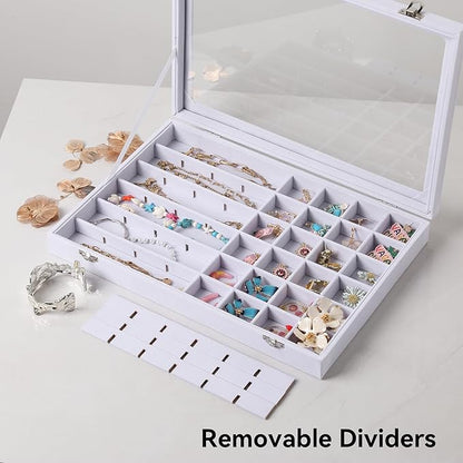 Frebeauty 48 Grid Jewelry Tray,Adjustable Earring Holder Organizer with Glass Lid,Velvet Drawer Jewelry Organizer for Rings,Studs,13.8 x 9.5 x 2 Inches Jewelry Display Box,Gift for Women(White)