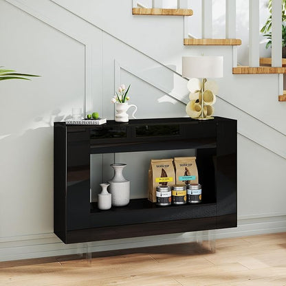 High Gloss Console Table with Hidden Side Storage Cabinets, Adjustable Shelves, Modern Black Entryway Sofa Table for Behind The Couch, Living Room, Hallway, Black