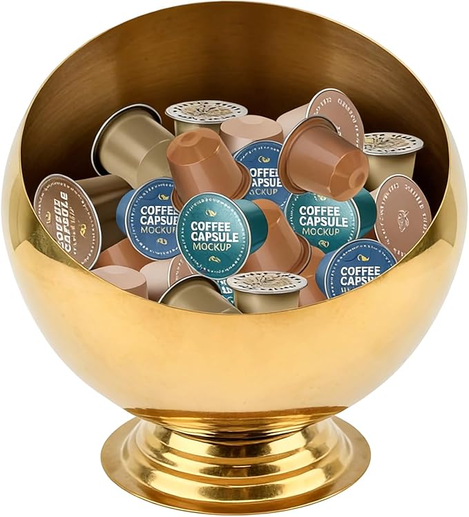 Coffee Pod Holder, Large Capacity Stainless Steel K Cups Holder Organizer Bowl Coffee Capsule Creamer Container Basket, Espresso Pods Storage for Bar Station, Counter (Gold)