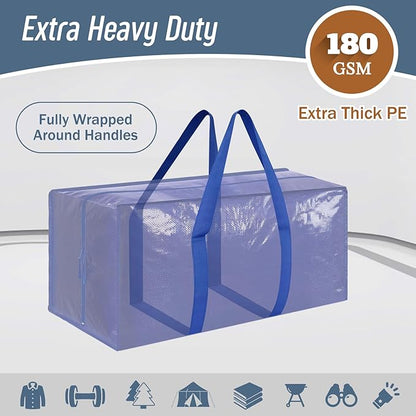 12 Pack Extra Heavy Duty Large Moving Bags with Strong Zipper & Comfortable Handles, Sturdy & Durable Clothes Storage Bags Totes Bins, Packing Moving Boxes for College Supplies, Blue