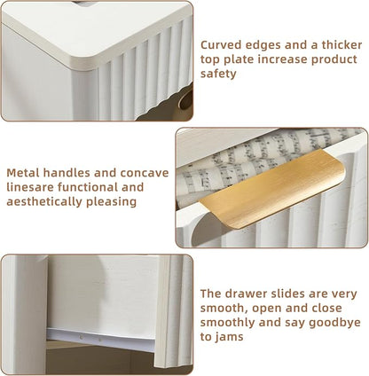 LEYAOYAO 31" Wide Fluted Nightstand Set of 2 with Charging Station, Oversized Extra Large 1 Drawer Night Stand with Golden Handle, White Wood Bedside Table Tall End Tables,for Bedroom, Living Room