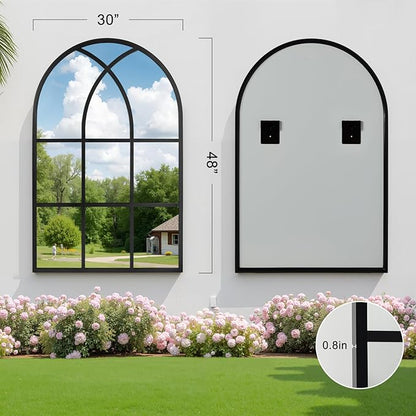 Arched Window pane Wall Mirror 30"x48", Window Shaped Farmhouse Style with Aluminum Frame, Decorative Wall Mirror Leaning Hanging for Living Room, Courtyard, Bedroom, Entryway, Black