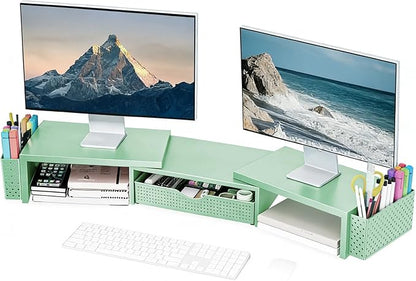 Spacrea Metal Desk Organizers and Accessories, Dual Monitor Stand Riser with Drawer and 2 Pen Holders, Book Racks, Desk Accessories & Workspace Desktop Organizers for Office Supplies (Sage Green)