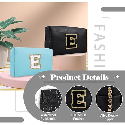 Personalized Initial A-Z Preppy Patch Makeup Bag,Small PU Chenille Letter Cosmetic Bag with Zipper for Teen Girls,Black Cute Toiletry Organizer Bag,Monogram Makeup Case Gift for Women Girls,Letter E