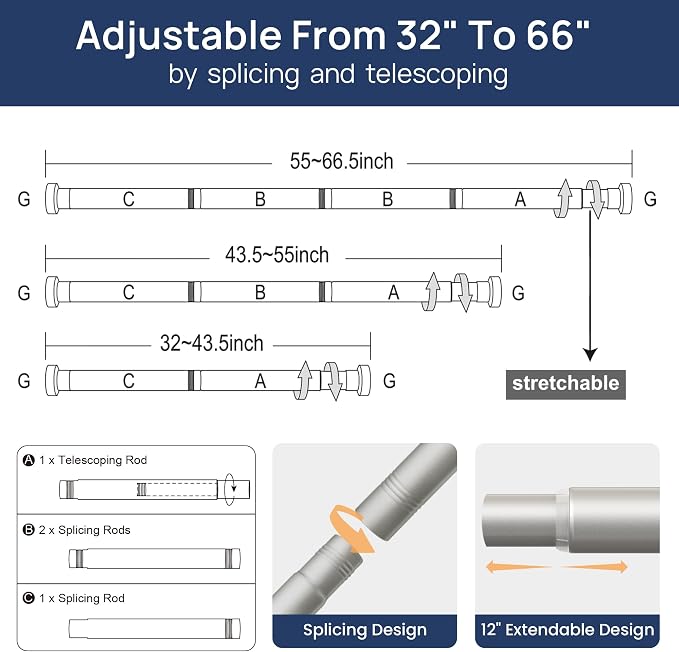 ENJOYBASICS 2 Pack Adjustable Spring Tension Curtain Rods 32 to 66 Inches, Stainless Steel Nickel Shower Rod No Drilling for Window, Bathroom, Closet, Room Divider, 7/8" Diameter