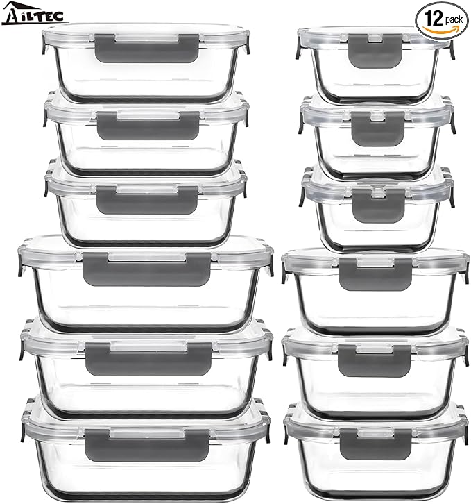 AILTEC 12 Pack Glass Food Storage Containers with Lids, Glass Meal Prep Containers Set with Leak Proof Lids, Airtight Lunch Container for Kitchen, Microwave, Oven, Freezer, Dishwasher Safe, Bpa free