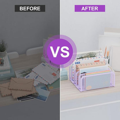 Mail Organizer Countertop, Metal File Holder with 5-Slot, Small Desk File Organizer for Letter, Bill, Mail Sorter, Desktop Letter Folder Holders for Office, Home, School (Purple)