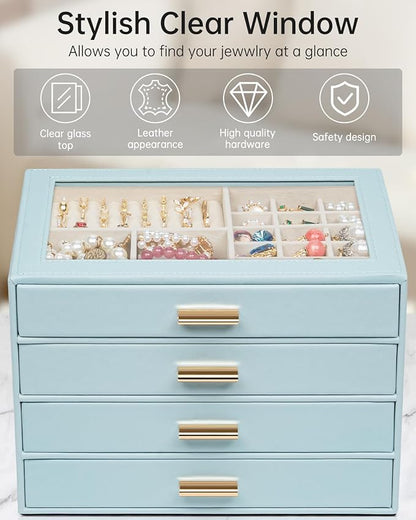 AKOZLIN Jewelry Box with Clear Lid Functional Leather Jewelry Storage Organizer Case 4 Drawers for Women Girls Necklace Ring Bracelet Earring BlueGrey