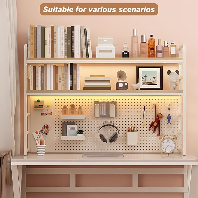 2-Tier Desktop Bookshelf Hutch - Metal Desk Shelf Bookcase with Desk Pegboard Countertop Storage Organizer Rack for Dorm or Office (A, 110cm/43in)