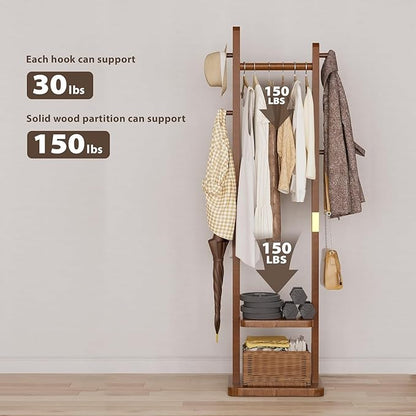 Taitiy Solid Wood Coat Rack, Freestanding Clothing Rack with 2 Shelves Storage & 5 Hooks, Heavy Duty Clothes Rack Stand for Hall, Bedroom, Living Room