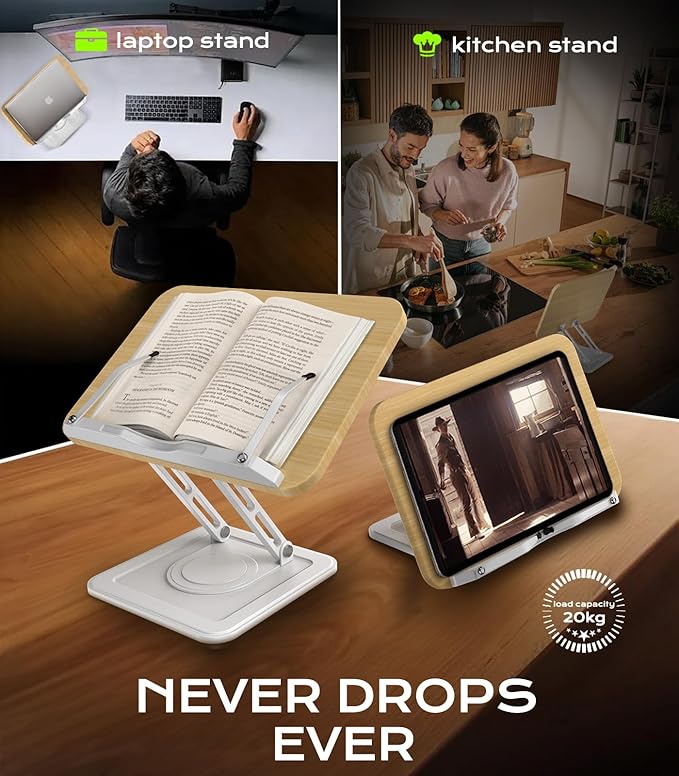 Book Stand for Reading, Adjustable Book Holder with 360°Rotating Bases, Ergonomic Cookbook Stand Recipe Book Holder with Elastic Page Clips for Magazines, Tablets, Laptops,White
