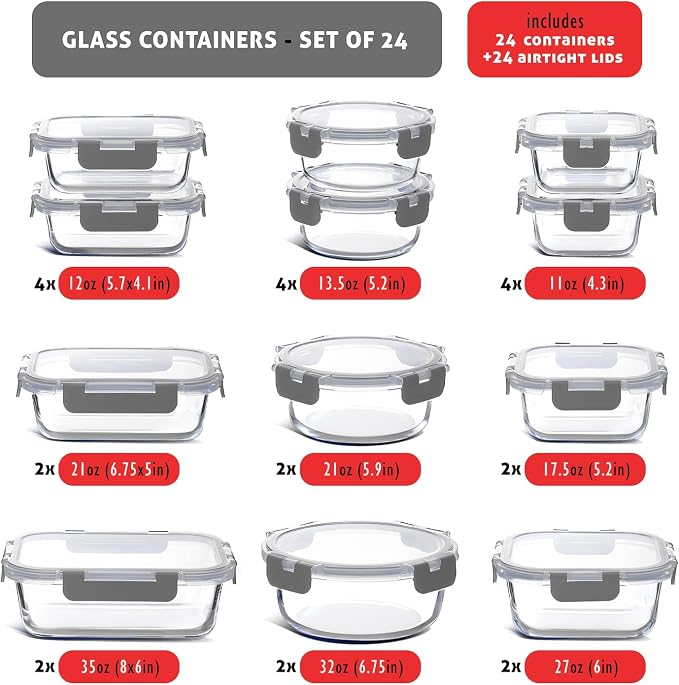Nestl 48pc Glass Storage Containers with Lids, 24 Glass Food Storage Containers with 24 Airtight Lids for Pantry & Kitchen, Meal Prep Containers for Lunch, Oven Microwave & Dishwasher Safe, Gray