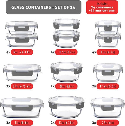 Nestl 48pc Glass Storage Containers with Lids, 24 Glass Food Storage Containers with 24 Airtight Lids for Pantry & Kitchen, Meal Prep Containers for Lunch, Oven Microwave & Dishwasher Safe, Gray