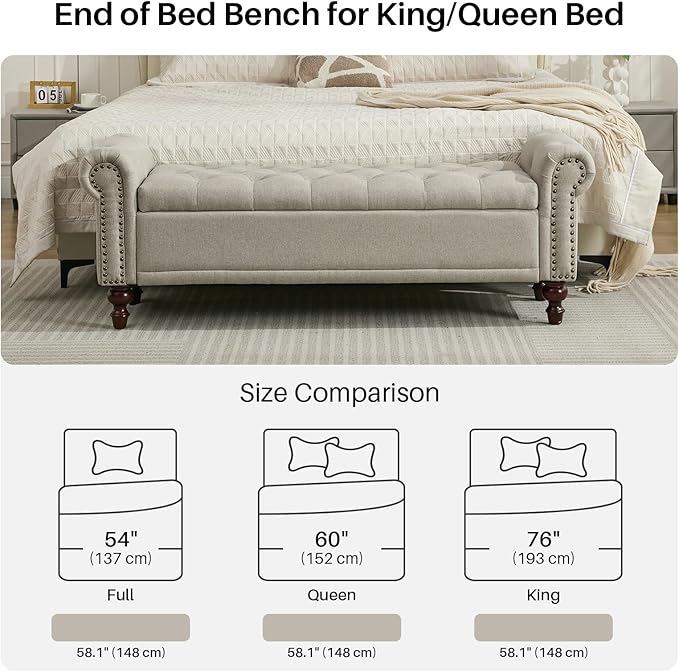 58.1" Storage Bench Upholstered Linen End of Bedroom Bed Bench Ottoman with Tufted Cushioned Rolled Arm Large Storage Space for Reading Living Room Entryway, Light Brown