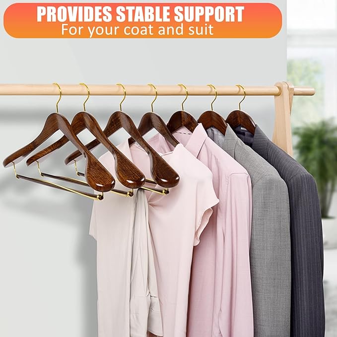 Amber Home 6 Pack Retro Wooden Suit Hangers with Gold Hook, Vintage Wide Shoulder Suit Hangers with Gold Pants Locking Bar, Wood Jacket Clothes Hangers for Sweater, Pants, Heavy Clothes