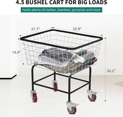 Extra-Large Rolling Laundry Cart with Wheels Holds 4 Washer Loads, Wire Laundry Basket, Heavy-Duty Steel Storage Basket with Galvanized Finish, for Commercial or Home Laundry